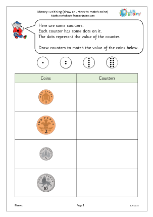 Preview of worksheet Money: Unitising - draw counters to match coins
