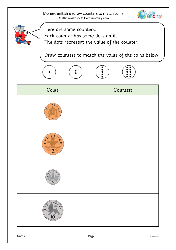 Preview of 'Money: Unitising - draw counters to match coins'