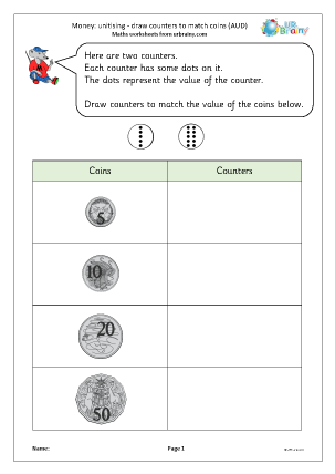Preview of worksheet Money: unitising: draw counters to match coins (AUD)