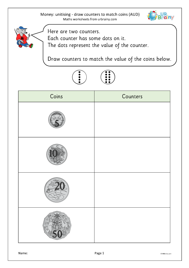 Preview of 'Money: unitising: draw counters to match coins (AUD)'
