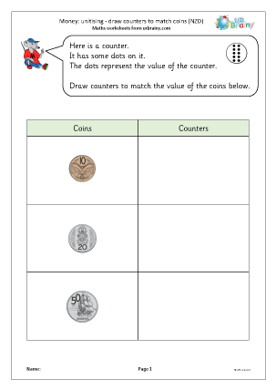 Preview of worksheet Unitising: draw counters to match coins (NZD)