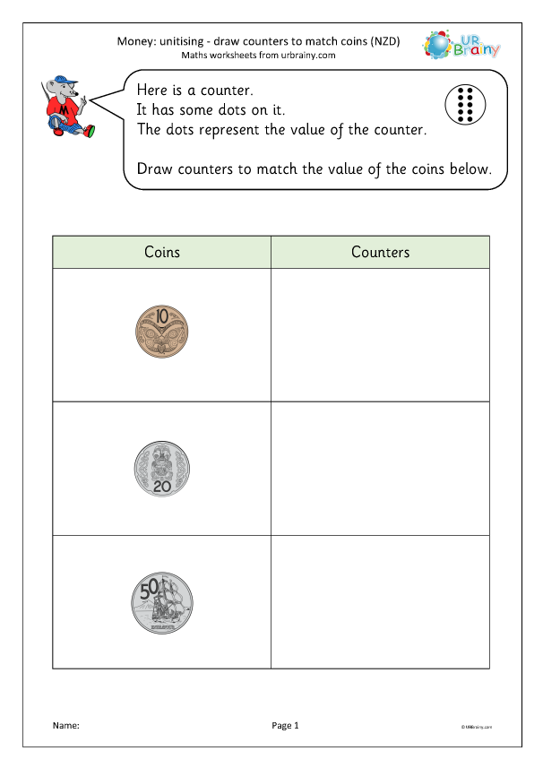 Preview of 'Unitising: draw counters to match coins (NZD)'