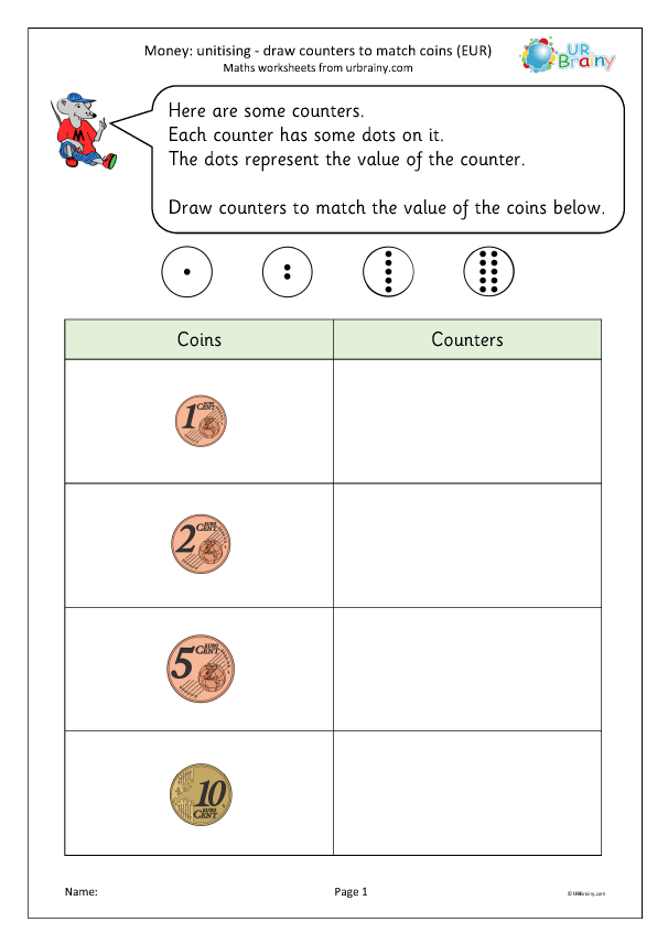 Preview of 'Unitising: draw counters to match coins (EUR)'