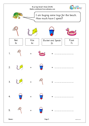 Preview of worksheet Buying beach toys (Euros)