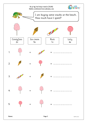 Preview of worksheet Buying holiday snacks (Euros)