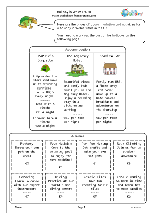 Preview of worksheet Holiday in Wales (Euros)