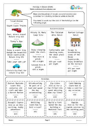 Preview of worksheet Holiday in Devon (Euros)