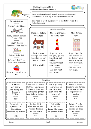 Preview of worksheet Holiday in Jersey (Euros)