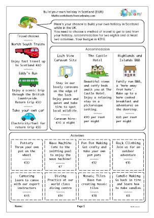 Preview of worksheet Build your own holiday in Scotland (Euros)