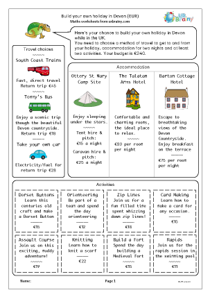 Preview of worksheet Build your own holiday in Devon (Euros)