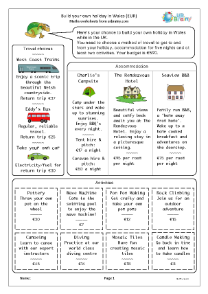 Preview of worksheet Build your own holiday: Wales (Euros)
