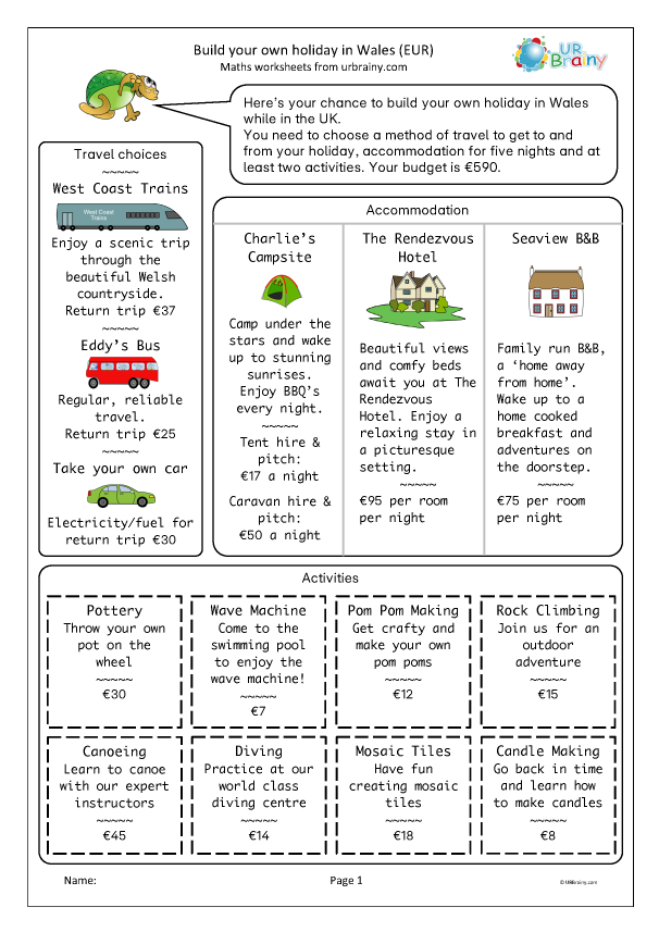 Preview of 'Build your own holiday: Wales (Euros)'