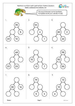 Preview of worksheet Partition numbers with part-whole models (harder)