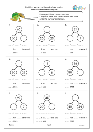 Preview of worksheet Partition numbers with part-whole models