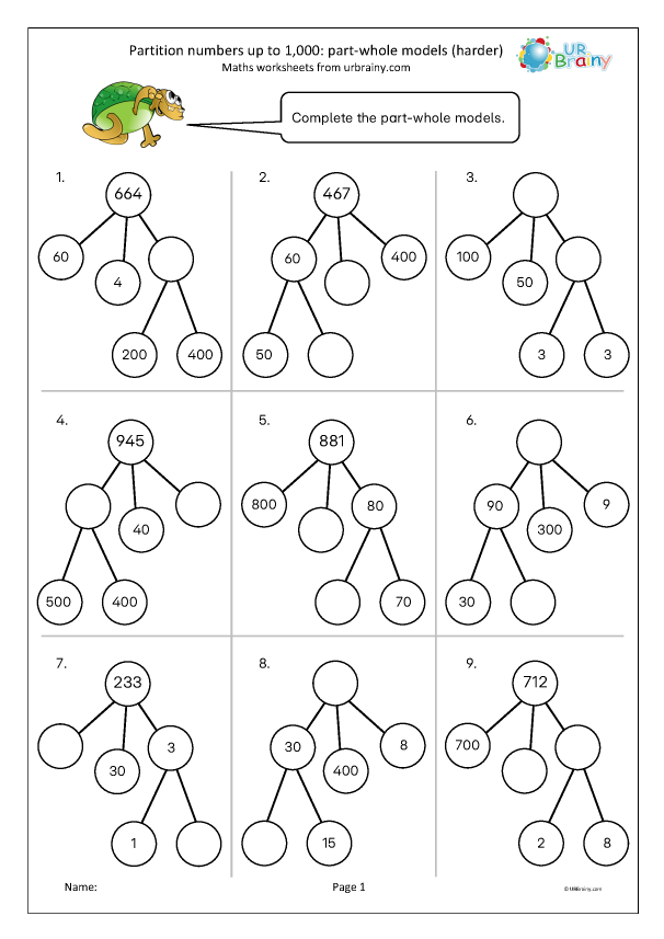 Preview of 'Partition numbers up to 1,000: part-whole models (harder)'