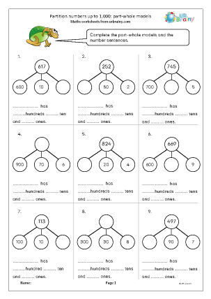 Preview of worksheet Partition numbers up to 1,000: part-whole models