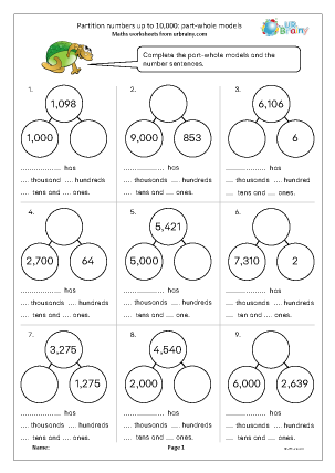 Preview of worksheet Partition numbers up to 10,000: part-whole models