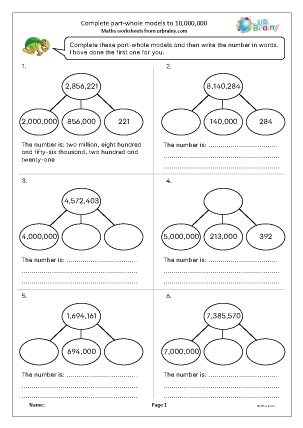 Preview of worksheet Complete part-whole models to 10,000,000