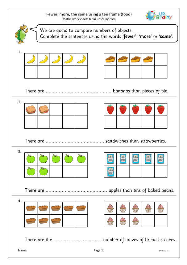 Preview of 'Fewer, more, same using a ten frame: food'