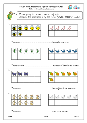 Preview of worksheet Fewer, more, same using a ten frame: creatures