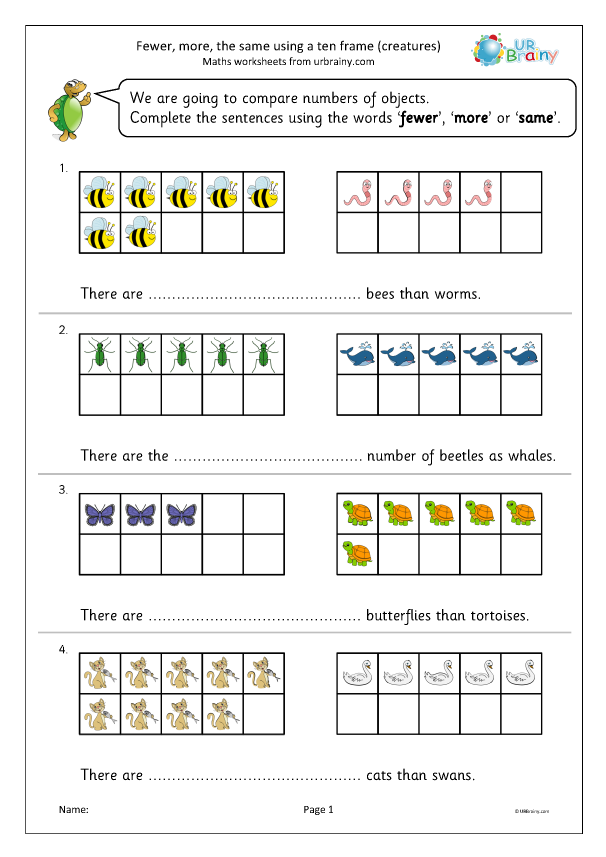 Preview of 'Fewer, more, same using a ten frame: creatures'