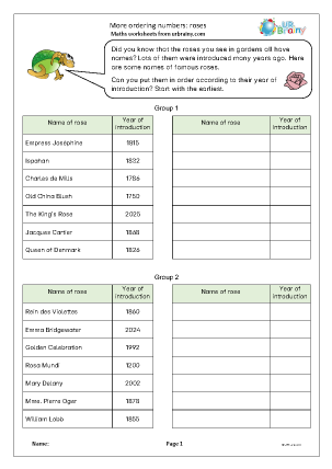 Preview of worksheet More ordering numbers: roses