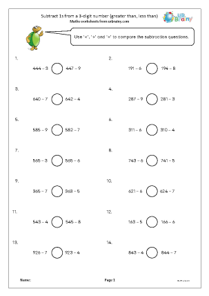 Preview of worksheet Subtract 1s from 3-digit numbers (greater than, less than