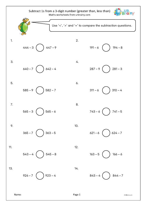 Preview of 'Subtract 1s from 3-digit numbers (greater than, less than'