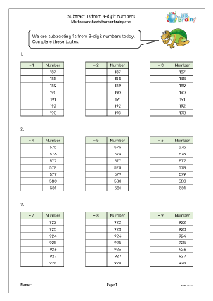 Preview of worksheet Subtract 1s from 3-digit numbers