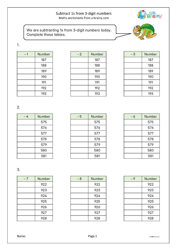 Preview of 'Subtract 1s from 3-digit numbers'