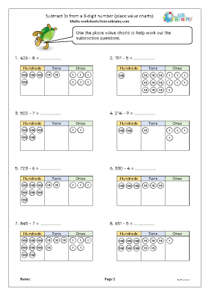 Preview of worksheet Subtract 1s from 3-digit numbers (place value charts)