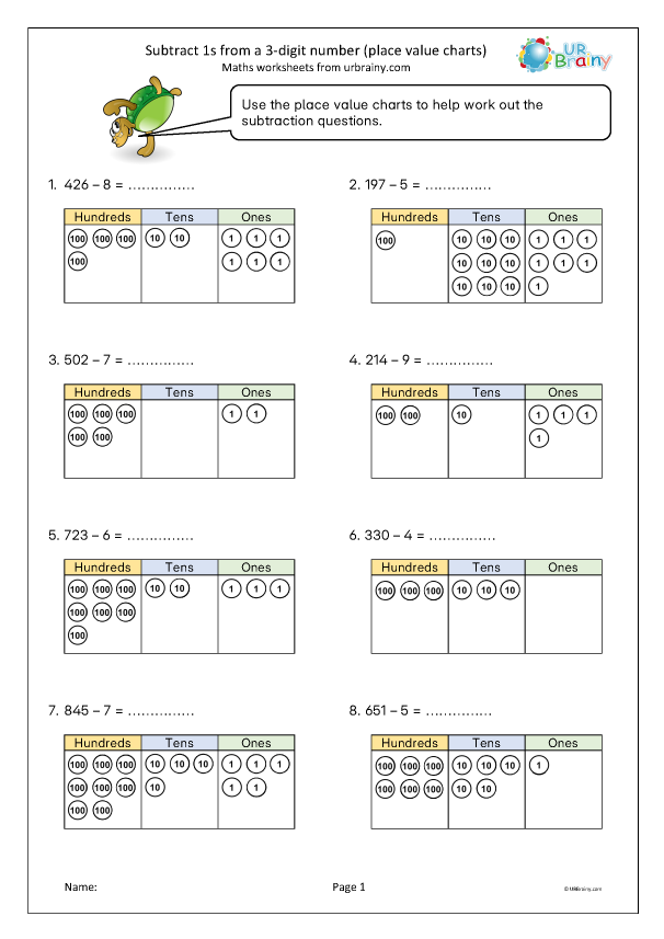 Preview of 'Subtract 1s from 3-digit numbers (place value charts)'
