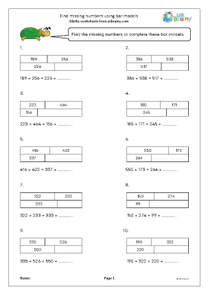 Preview of worksheet Find missing numbers using bar models