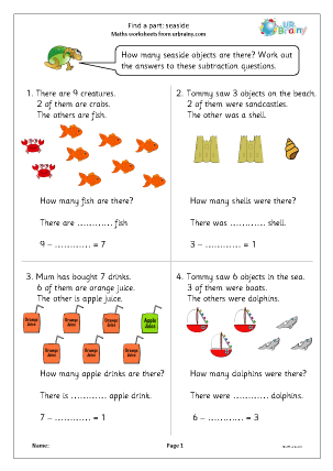 Preview of worksheet Subtraction: find a part at the seaside