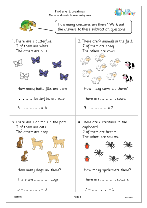 Preview of worksheet Subtraction: find a part with creatures