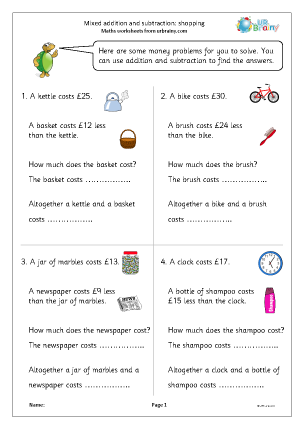 Preview of worksheet Mixed addition and subtraction: shopping