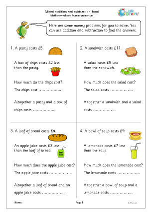 Preview of worksheet Mixed addition and subtraction: food