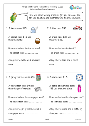 Preview of worksheet Mixed addition and subtraction: shopping (AUD)