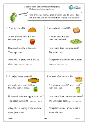 Preview of worksheet Mixed addition and subtraction: food (EUR)