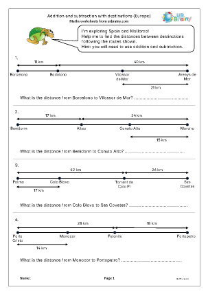 Preview of worksheet Addition and subtraction with destinations (Europe)