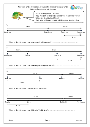 Preview of worksheet Addition and subtraction with destinations (New Zealand)