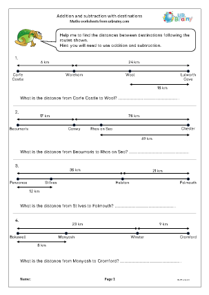 Preview of worksheet Addition and subtraction with destinations