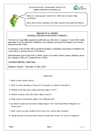 Preview of worksheet Comprehension: newspaper articles (1)