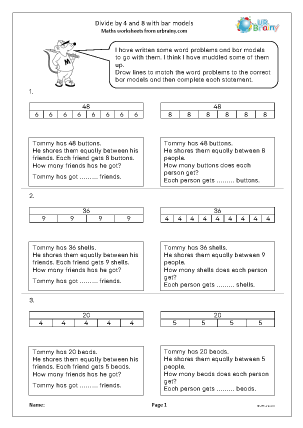 Preview of worksheet Divide by 4 and 8 with bar models