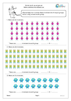 Preview of worksheet Divide by 8 equal groups