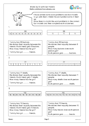 Preview of worksheet Divide by 11 with bar models