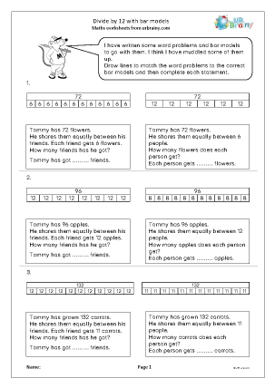Preview of worksheet Divide by 12 with bar models