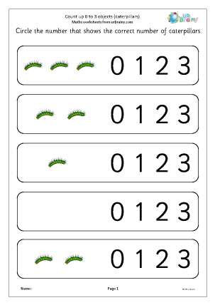 Preview of worksheet Count up from 0 to 3 objects: caterpillars
