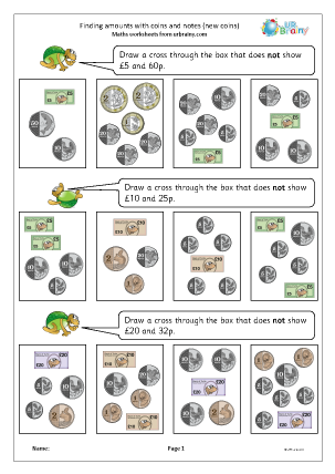 Preview of worksheet Finding amounts with coins and notes (new coins)
