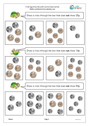 Preview of worksheet Finding amounts with coins (new coins)